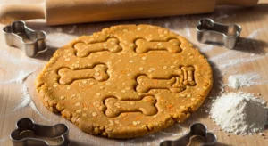 Carrot oat dog treat dough rolled and cut into bone shapes