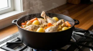 Chicken soup for dogs simmering in pot on stove