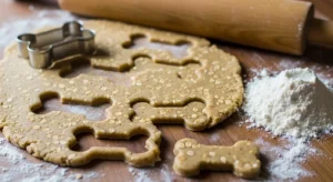 Banana oat dog treat dough rolled and cut into bone shapes