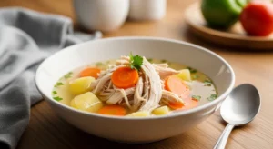Homemade chicken soup for dogs with carrots and potatoes