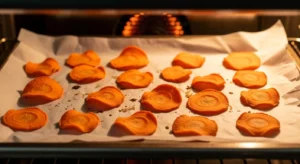 Homemade dehydrated carrot chips for dogs drying in the oven
