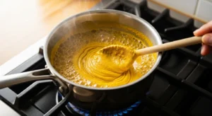 Turmeric paste cooking in saucepan while being stirred