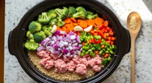 Ground turkey and vegetables layered in slow cooker before cooking