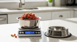 Raw dog food portion being weighed on kitchen scale for proper feeding amount