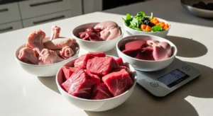 Raw dog food ingredients including muscle meat, bones, and organ meats arranged for balanced feeding