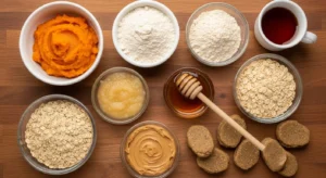 Ingredients for homemade pumpkin oatmeal dog snack sticks including pumpkin puree and oat flour