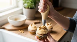 Piping homemade peanut butter dog frosting onto cupcake