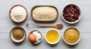 Ingredients for homemade apple cranberry dog dental sticks including oat flour and dried cranberries