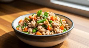Turkey and rice homemade dog food recipe with mixed vegetables