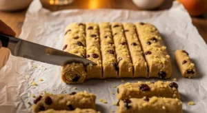 Cutting apple cranberry dog dental stick dough into rectangular shapes before baking