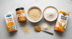 Ingredients for homemade chicken broth dog treats including peanut butter oats and flour