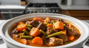 Beef and sweet potato crockpot dog food recipe with carrots and green beans
