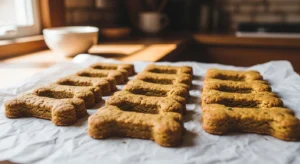 Homemade chicken broth dog treats baked until golden brown on parchment paper