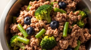 Ground turkey and vegetable homemade dog food recipe in a bowl