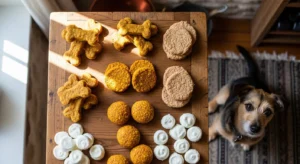 Homemade dog treats without flour including sweet potato chews, pumpkin oat balls, and frozen peanut butter yogurt drops