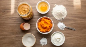 Ingredients for easy homemade pumpkin dog cupcakes including pumpkin puree and peanut butter