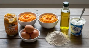 Ingredients for sweet potato peanut butter dog cake recipe