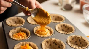 Filling muffin tin with pumpkin dog cupcake batter before baking