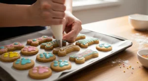 decorating homemade dog treats with dog icing