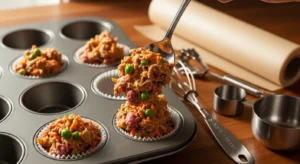 Filling muffin tray with beef and carrot dog muffin batter