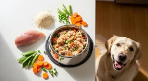 Homemade chicken and rice dog food recipe with carrots and peas in a bowl