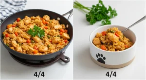 Cooking homemade chicken and rice dog food in a skillet with vegetables
