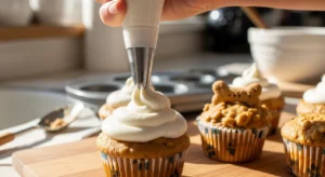 Frosting homemade peanut butter dog cupcakes with yogurt topping