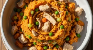 healthy homemade chicken dog food with sweet potatoes and vegetables