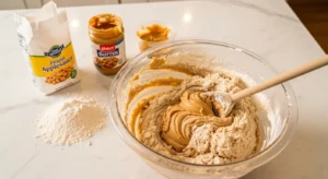 Mixing peanut butter and applesauce dog treat dough in bowl