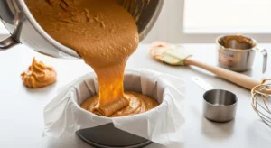 Preparing sweet potato peanut butter dog cake batter before baking