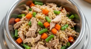 Homemade chicken and brown rice dog food with vegetables in bowl