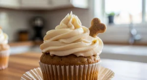 Homemade dog cupcake topped with peanut butter yogurt frosting