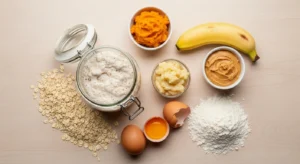 Ingredients for homemade sourdough dog treats including sourdough starter and pumpkin puree