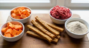 Homemade beef and sweet potato chews for dogs