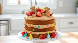 Homemade dog birthday cake for dogs with peanut butter frosting