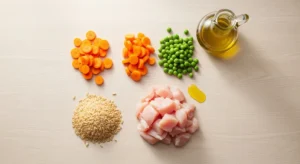 Ingredients for homemade chicken and rice dog food including chicken breast and brown rice