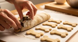 Cutting sourdough dog treat dough into shapes before baking in the oven