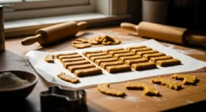 Rolling and cutting pumpkin oatmeal dog treat dough into snack sticks before baking