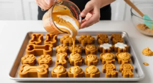pouring pumpkin peanut butter dog ice cream mixture into molds