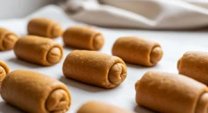 Peanut butter and sweet potato dog treats without flour baked on parchment paper