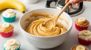 Mixing peanut butter banana dog cupcake batter in bowl