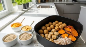 Homemade air fryer dog treats including peanut butter oat and sweet potato bites