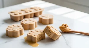 Frozen peanut butter yogurt dog treats made without flour in paw-shaped molds
