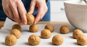 rolling oatmeal peanut butter balls for dogs