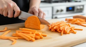 slicing sweet potatoes for homemade dog chews