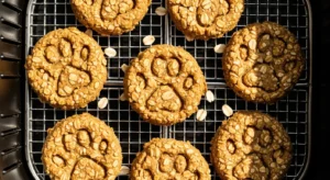 Peanut butter oat dog treats cooking in air fryer basket