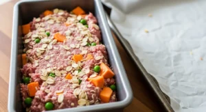 Preparing homemade dog meatloaf before baking