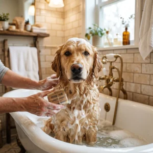 Using a homemade shampoo bar to wash a golden retriever during bath time