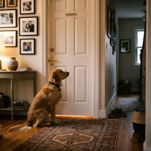 Dog waiting outside the bathroom door following its owner around the house