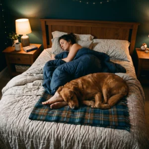 Dog sleeping peacefully near its owner at bedtime